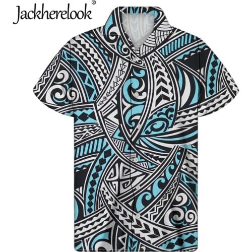 Jackherelook Casual Mens Summer Shirts Polynesian Tribal Print Short Sleeve Shirt Top Blouse Men Hawaiian Style Camisa Masculina