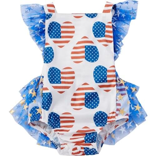 Baby Girl’s Independence Day Print Romper Fashion Sleeveless Mesh Yarn Skirt Hem Triangle Jumpsuits