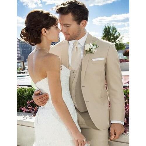 2020 Custom Beige Wedding Suit For Men Notched Lapel Mens Suits Tan Tuxedos Two Button Groomsmen Suit Three Piece Suit 3 Pieces