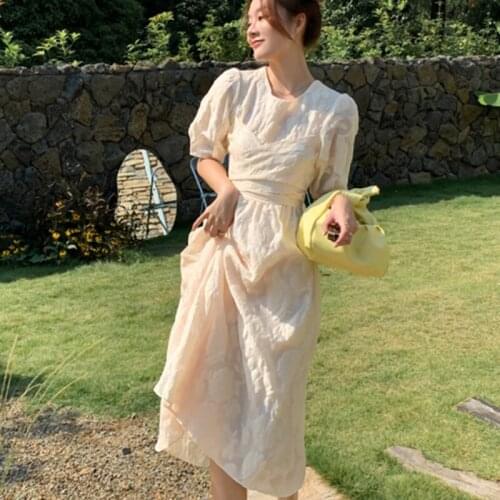 Summer 2021 Runway Elegant Boho Vintage Korean Fairy Vacation Party Night Vestidos Women Long Apricot Backless Jacquard Dresses