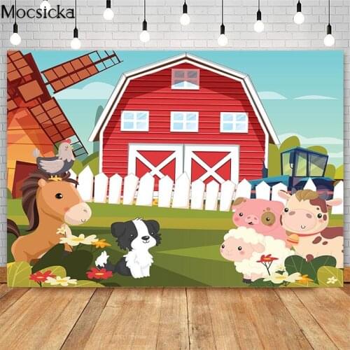 Mocsicka Farm Theme Baby Shower Birthday Party Photography Background Animal Red Barn Windmill Decorations Banner Backdrops