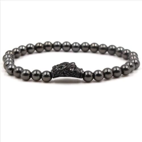Trendy Black Gun Plated Leopard Head with Cubic Zirconia Stretchy Bracelet Metal Ball Beads Jewelry
