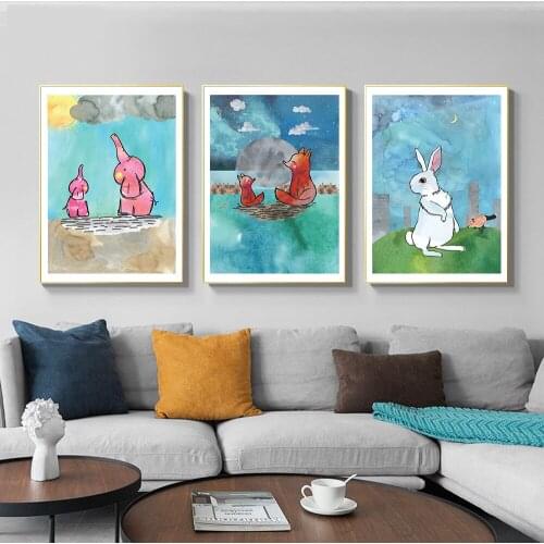 Cartoon Watercolour Pink Elephant Rabbit Orange Foxes Posters And Prints Canvas Painting Wall Art Picture For Kids Bedroom Deco