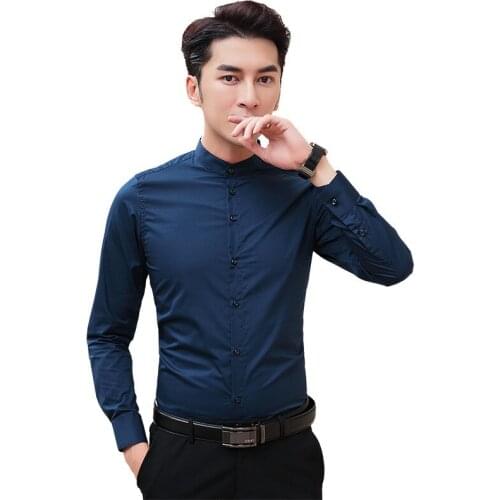 2020 New Party Formal Dress Shirt Men Solid Long Sleeve Stand Collar Mens Shirt Slim Fit Casual Camisa Masculina Mens Shirts