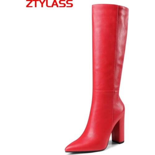 Autumn Winter Knee High Boots Faux Leather Women Boots Pointed Toe Square High Heel Long Boots Ladies Shoes Big Size 41 42 43