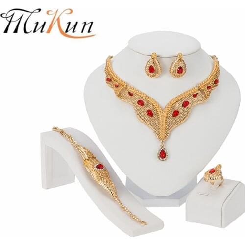 MUKUN Nigerian Elegant Women Red Colorful Necklace Bracelet Earrings Ring Luxury Jewelry Party Fashion Jewelry Sets Wedding Gift