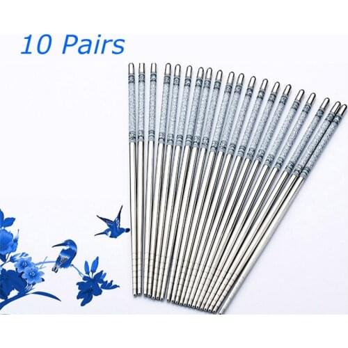 10 Pairs Of Stainless Steel Chopsticks Silver Chinese Traditional Floral Pattern Household Metal Durable Tableware