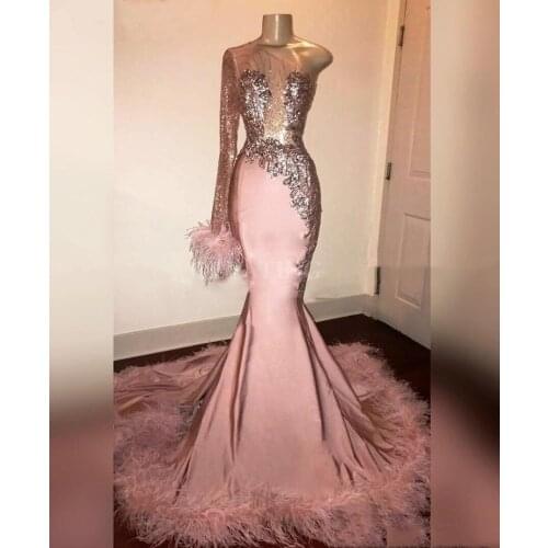 Glitter Sequin Long Sleeve Mermaid Pink Black Girl Prom Dress with Feathers Train One Shoulder African Formal Prom Gowns vestido