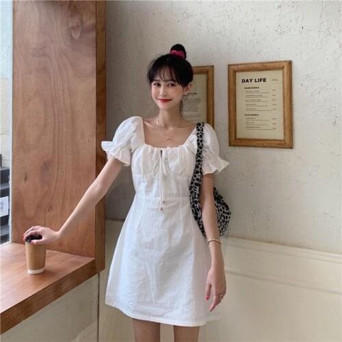 White Dress Women Casual First Love Dress with Square Neck and Lace Up Waist Cute Dress Sexy Fashion Girlish Style