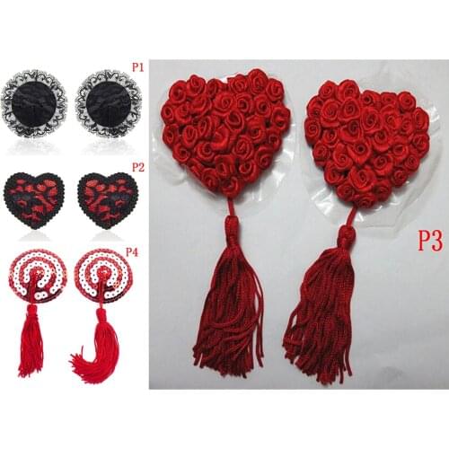Sex product chest stickers sexy sequin nipple covers with tassels heart Round Lace shape nipple stickers pasties wholesale