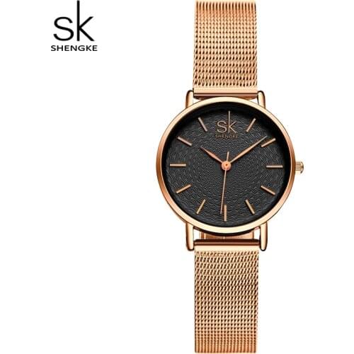 SHENGKE New Fashion Branded Women Wristwatches Super Slim Rosegold Mesh Stainless Steel Watches Woman Clock Ladies Quartz Watch
