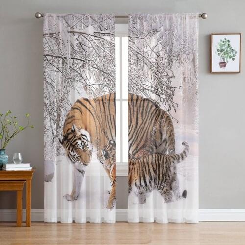 Wild Tiger Walking In The Snow Winter Voile Tulle Sheer Curtains for Bedroom Living Room Kitchen Decor Chiffon Windows Curtain