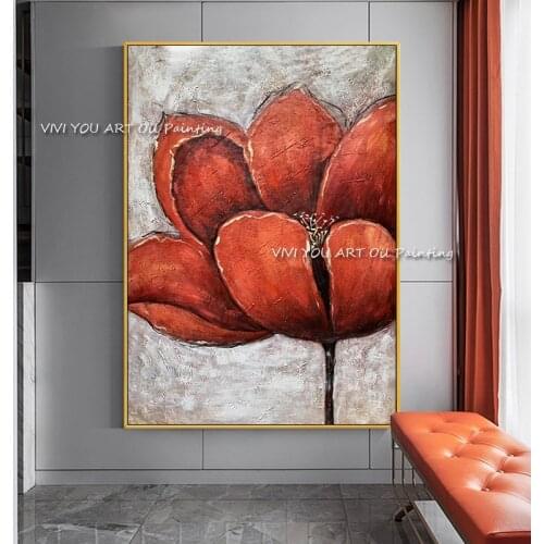 Modern Hand Painted Abstract Big Red Flowers Oil Painting Canvas Wall Art Frameless Picture Decor For Living Room Home Gift
