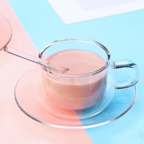 2sets/pack 150ml Double-wall Glass Cup Household High Borosilicate Transparent Plate Stirring Spoon Office Tea Tool