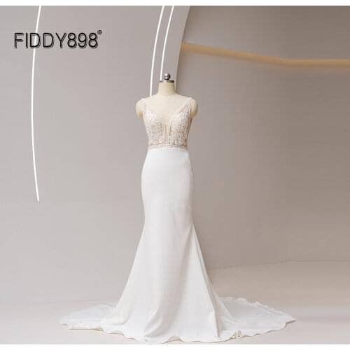 FIDDY898 Exquisite Satin Wedding Dress With V Neck vestido de noiva Simple SleevelessWedding Gown Lace Dress Backless BridalGown