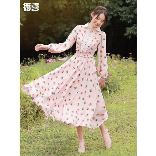 TIYIHAILEY Free Shipping 2021 Long Mid-calf Women Boshow S-L Lantern Full Sleeve Print High Waist Pink Turn Down Collar Dresses