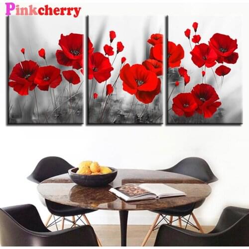 Triptych poppy 5d Diamond Painting Full 3pcs Black and White Background Red Flower Diamond Embroidery Mosaic Rhinestone Picture