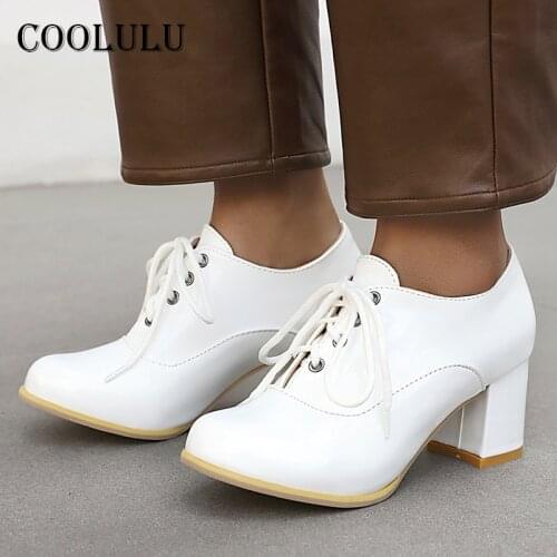 COOLULU 2021 Spring Patent Leather Pumps Women Shoes Lace Up High Heels Round Toe Block Heel Retro Shoes Female Footwear Size 48