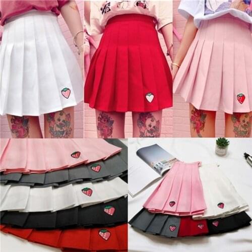 S-XXL Four Colors Summer New A-Line Women Skirt High Waist Strawberry Embroidery Pleated Skirt Women Safety Pants Mini Skirt