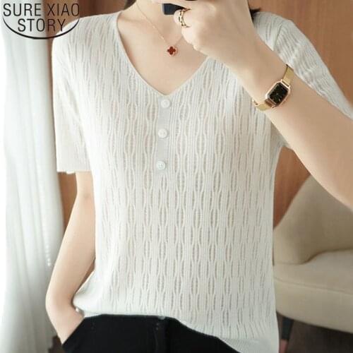New Summer Ice Silk Knitted Blouse Short Sleeve Shirts Women Loose Plus Size Womens Shirt OL Style V-neck Bottoming Shirt 14007
