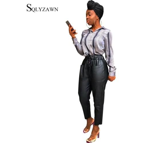 PU Leather Pants & Capris Women Streetwear Long Harem Pants Elastic PU Leather High Waist Drawstring Party Female Winter Bottoms