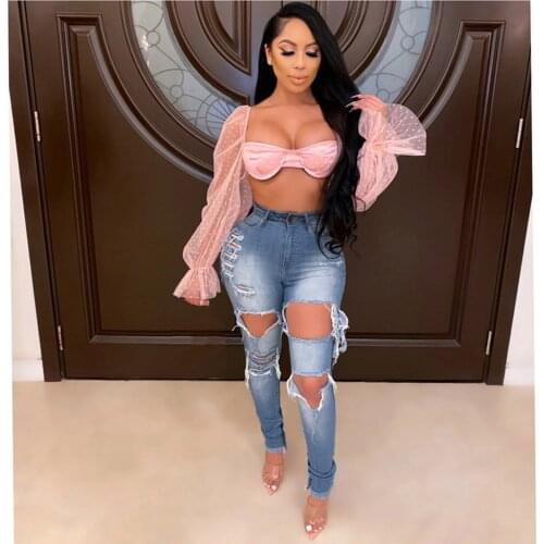 Women Jeans Knee Hole Distressed Mid Waist Belt Stretch Slim Pants Length Solid Color Vintage Jeans Broken Denim Pants