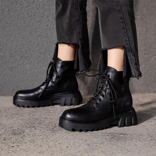 QZYERAI New Classic Design Women Winter Motorcycle Boots Genuine Leather Platform Thick Heels Pumps Party Working Shoes Woman