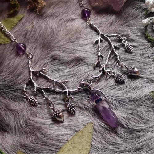 Goth Witch Crystal Branches Necklace Pine Cone Pendant Forest Jewelry Gothic Twig Jewellery Wedding Magic Wicca Pagan Gift