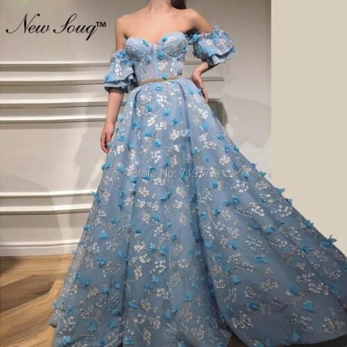 Dubai Blue Off Shoulder Evening Dress 2019 Arabic Evening Gowns Custom Made Sexy Prom Dresses With Handmade Flowers Party Dress
