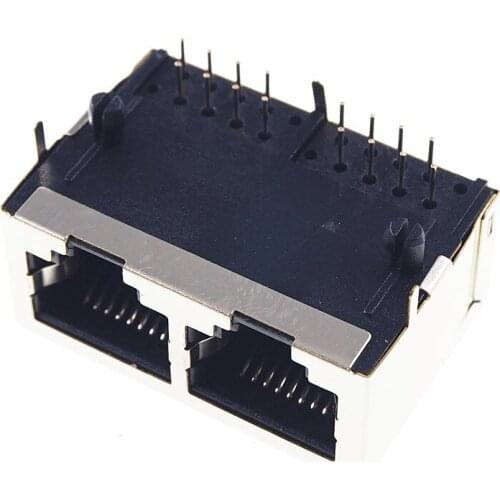 20pcs RJ45 Dual Port Shielded Modular PCB Jack 8P8C Right Angle Through Hole PCB Ethernet connector Tab Direction Down 2 Ports
