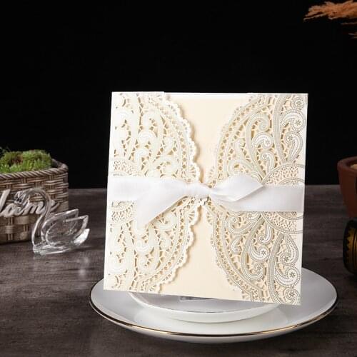50pcs 4 Colors Laser Cut Wedding Invitations Card Greeting Card Customize With Ribbon Birthday Wedding Decoration Party Supplies