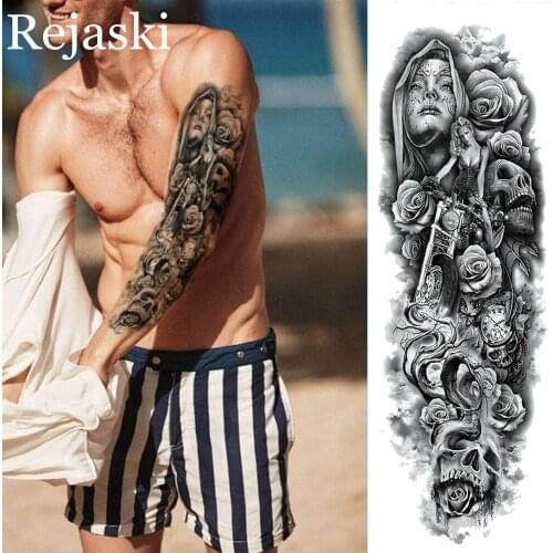 Black Full Arm Temporary Tattoo For Men Women Waterproof Nun Skull Rose Flower Body Leg Art Fake Transfer Flash Tattoo Stickers