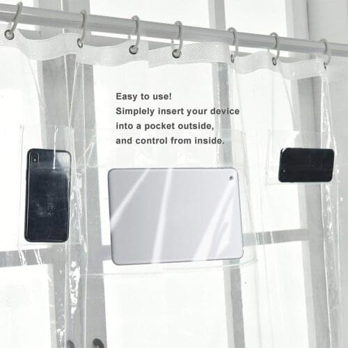 Phone Tablet Holder Shower Curtain Liner with Pockets Eco-friendly EVA Quick-dry Clear Curtain H99F