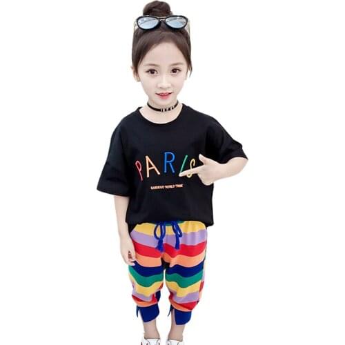 Kids Clothes Rainbow Stirped Clothing For Girls Letter Tshirt + Short Girls Sets Summer Kid Clothes 6 8 10 12 14