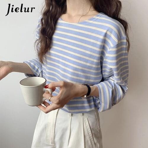 Jielur Korean Fashion Striped T-shirt 2021 Autumn Long Sleeve Womens Top Loose Casual Cotton T-shirt Female Blue Orange S-XL
