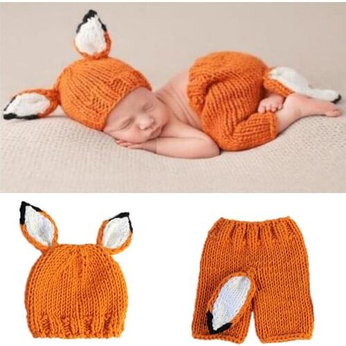 Animal Baby Photo Clothing Hand Made Knitted Infant Outfits Orange Sets Adorable Fox Hat + Pants 2pcs Suit Costumes