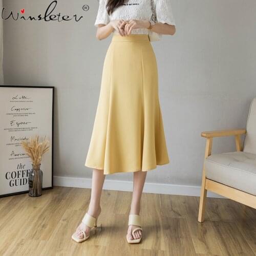 Summer 2021 Blue Skirt Women Girls Irregular High Waist Back Zipper Ruffles Mid-Calf Length Solid Midi Skirt Bottoms B15602A