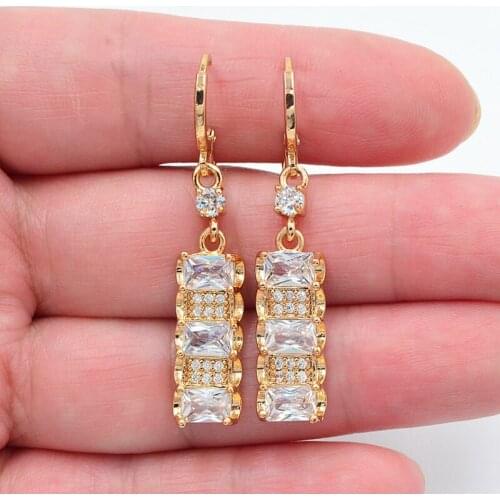Gold Color Women Fashion Clear White Zirconia CZ Geometric Blocks Dangle Earrings Jewelry
