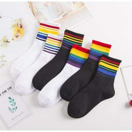 Socks Women Rainbow Striped Socks Cotton Harajuku Funny Calcetines Warm Sock Woman Sox White Black Meias Skateboard Girls Soks