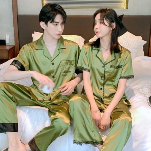Lounge Wear Silk Sexy Pajamas for Women Lace Edge Sleepwear Matching Pajamas Couples Short Sleeve Pajamas for Teen Girls Pants
