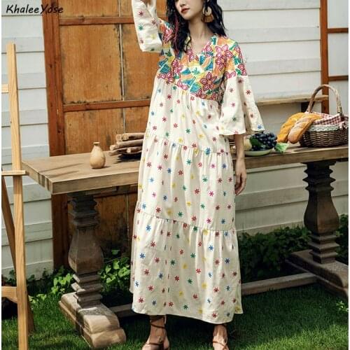 KHALEE YOSE Floral Embroidery Maxi Dress Vintage Boho Spring Autumn Women Dresses Ladies Chic Holiday Flare Sleeve Female Dress