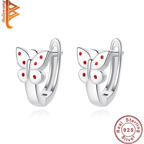 100% 925 Sterling Silver U Shape Adjustable Earring For Women Red White Spotted Butterfly Hoop Earring Fashion Jewelry