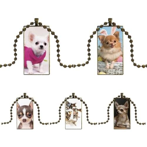 Glass Cabochon Pendant Necklace Rectangle Fashion Necklace For Women Christmas Gift Chihuahua