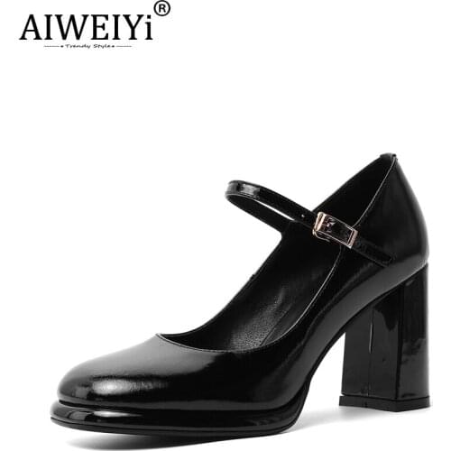 AIWEIYi Women Pumps Patent Leather Platform Shoes Square Toe Buckle Strap Genuine Leather Fashion Street Shoes
