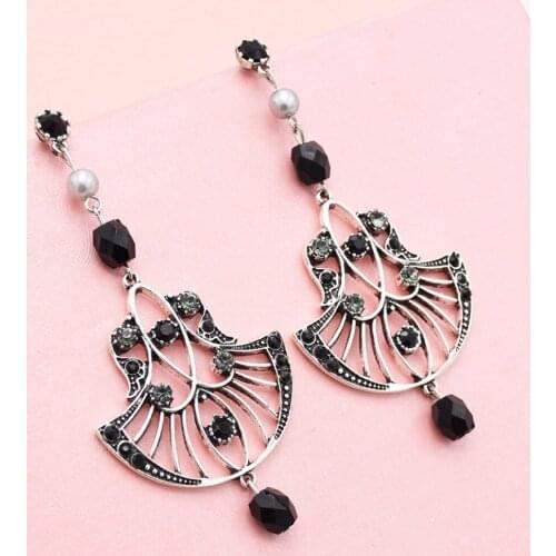Vintage Metal Black Rhinestone Pearl Drop Earrings for Women Geometric Shape Long Tassel Earring Indian Party Jewelry