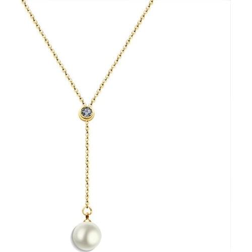 TOSOKO Stainless Steel Jewelry Imitation Pearl Pendant With Zircon Necklace Fashion Simple Clavicle Chain BSP096
