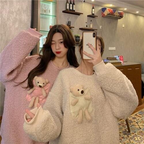 Bear doll decoration pullover lamb hair loose pullover long sleeve pink four colors Harajuku 2020 new