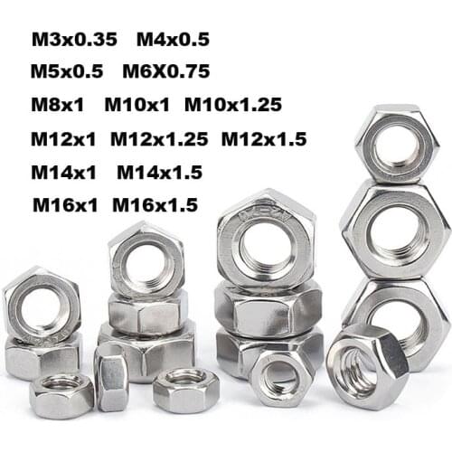 2/5/10Pcs M3 M4 M5 M6 M8 M10 M12 M14 M16 Pitch 0.35/0.5/0.75/1/1.25/1.5mm 304 A2-70 Stainless Steel Fine Thread Hex Hexagon Nut