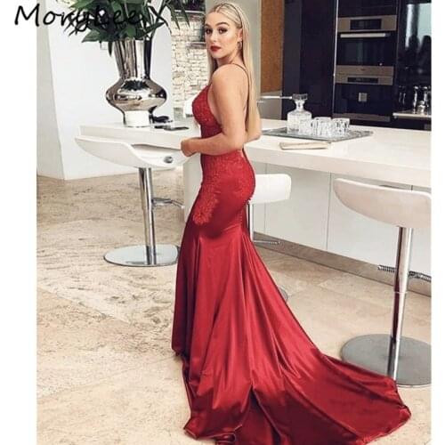 Burgundy Evening Dresses V-Neck Spaghetti Floor Length Mermaid Lace Silk Satin Evening Dresses vestidos de fiesta de noche