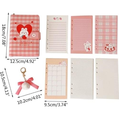 Classic Cartoon 6-ring Binder Scrapbook Notepad Magnetic Closure Personal Diary with Fluffy Ball Pendant Keychian